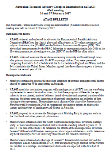 Cover of ATAGI Bulletin for the 62nd meeting 16-17 February 2017