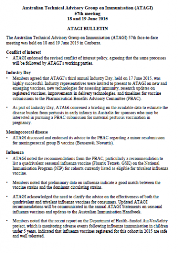 Cover of ATAGI bulletin for the 57th meeting 18-19 June 2015