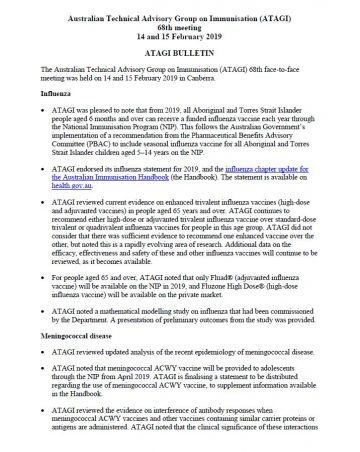 ATAGI Bulletin for the 68th Meeting, 14-15 February 2019