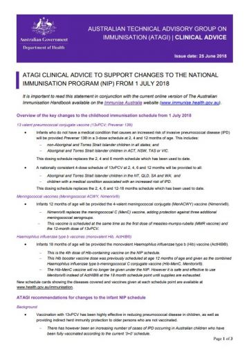 ATAGI clinical advice NIP schedule changes from 1 July 2018