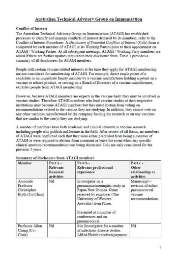 ATAGI conflict of interest disclosures
