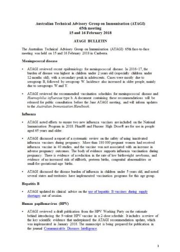 Image of minutes from the ATAGI 65th meeting on 15 and 16 February 2018