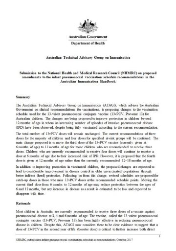 ATAGI submission to the NHMRC re infant pneumococcal vaccination schedule