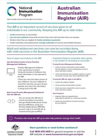 Image of a fact sheet providing information about reporting vaccinations to the Australian Immunisation Register. Image of a fact sheet providing information about reporting vaccinations to the Australian Immunisation Register.