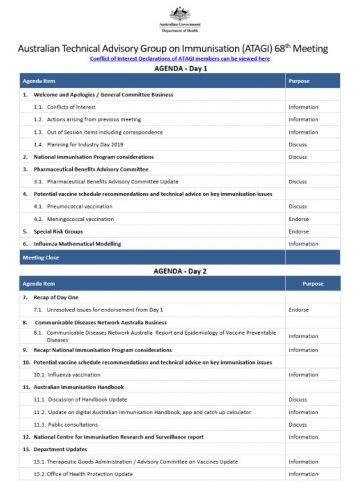 Australian Technical Advisory Group on Immunisation (ATAGI) 68th Meeting agenda