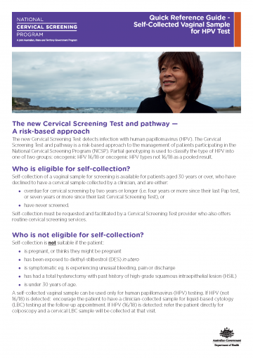 Cover image for National Cervical Screening Program – Quick reference guide – self-collected cervical screening tests.