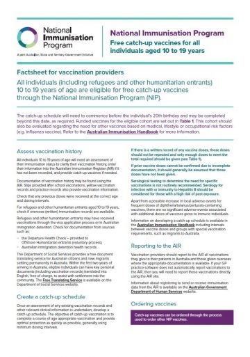 Free catch-up vaccines for 10 to 19 year olds fact sheet