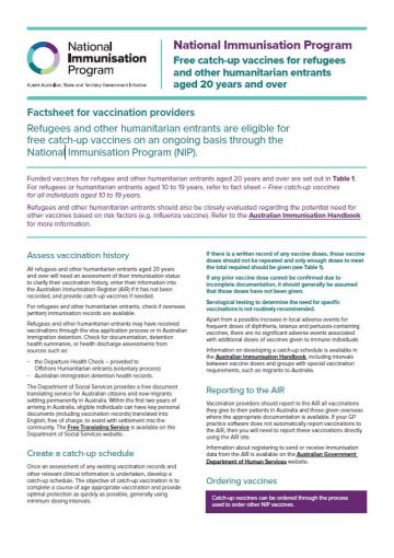 Free catch-up vaccines for refugees and humanitarian entrants aged 20 years and over fact sheet