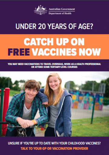 Free catch up on vaccines for under 20s poster