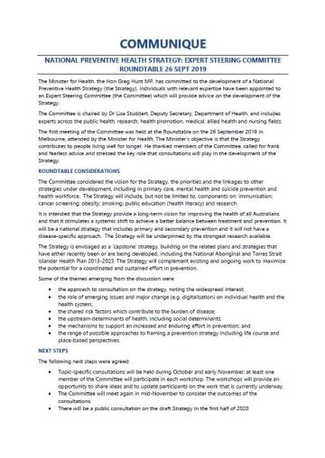 Cover image for National Preventive Health Strategy Expert Steering Committee communique – September 2019