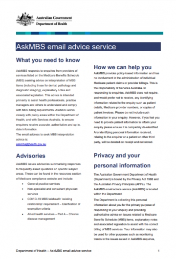 cover of the askmbs email advice service fact sheet