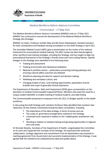 Medical Workforce Reform Advisory Committee – Communiques | Australian  Government Department Of Health And Aged Care