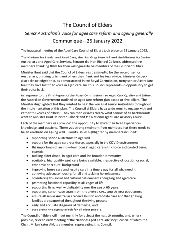 Aged Care Council of Elders – Communiques