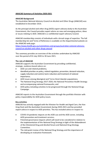 Australian National Advisory Council on Alcohol and Other Drugs – Summary of Activities