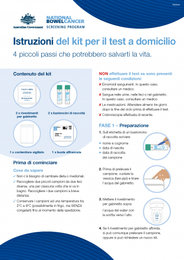 Cover image for National Bowel Cancer Screening Program – home test kit instructions (Italian).