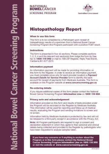 Cover image for National Bowel Cancer Screening Program – Histopathology report form.