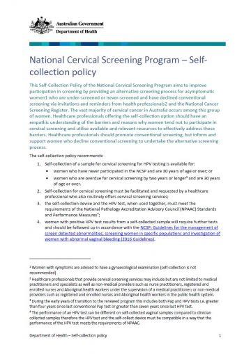 Cover image for National Cervical Screening Program – Self-collection policy.