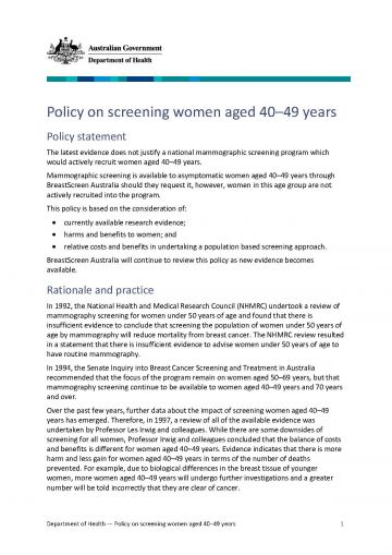 Cover image for Policy on screening women aged 40–49