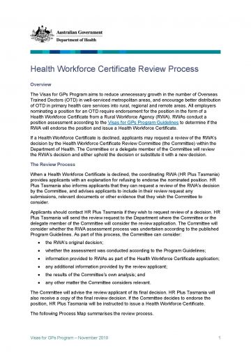 cover image of the Health Workforce Certificate Review Process factsheet
