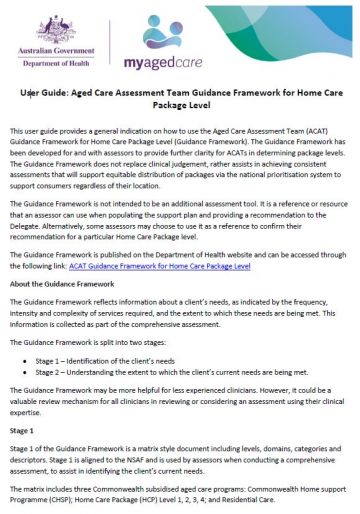 Cover of User Guide: Aged Care Assessment Team Guidance Framework for Home Care Package Level