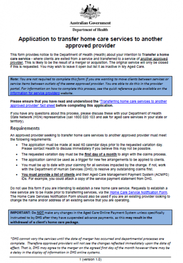 Application form to transfer home care services to another approved provider cover