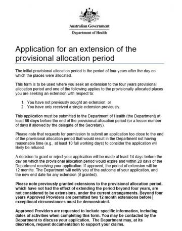 Cover image for Application for an extension of the provisional allocation period form