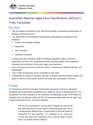Australian National Aged Care Classification (AN-ACC) Trial fact sheet cover