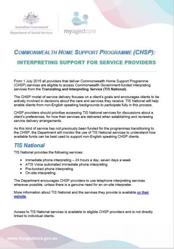 Cover image for CHSP interpreting support for service providers fact sheet