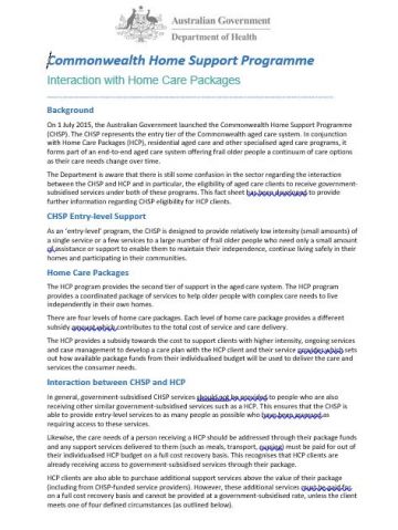 Cover image for CHSP interaction with Home Care Packages fact sheet