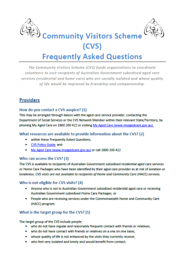 Community Visitors Scheme Cvs Australian Government Department Of Health