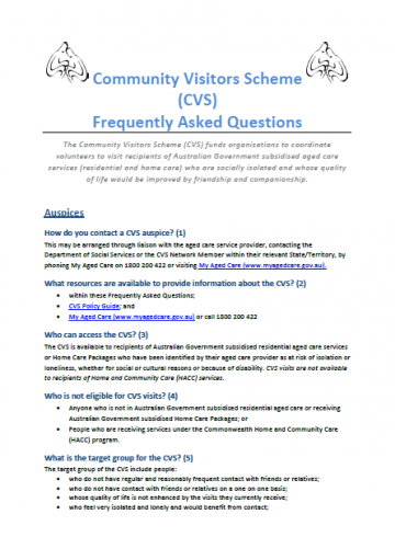 Community Visitors Scheme (CVS): FAQs for auspices cover