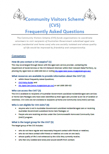 Community Visitors Scheme (CVS): FAQs for consumers cover