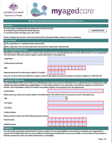 Cover image for My Aged Care – Organisation administrator registration form.