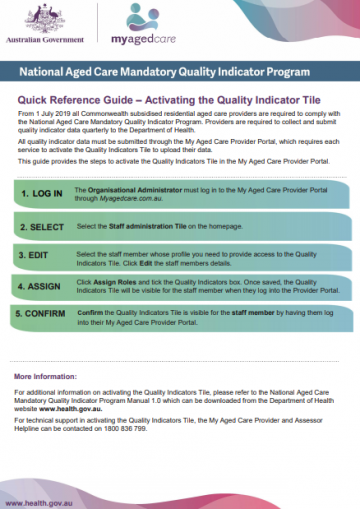 Activate the quality indicators tile – My Aged Care provider portal cover
