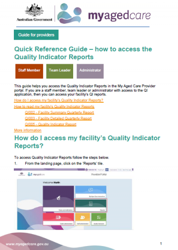 Access the quality indicator reports – My Aged Care provider portal cover