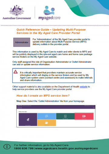 Cover information for the Quick reference guide – updating MPS in the My Aged Care service provider portal