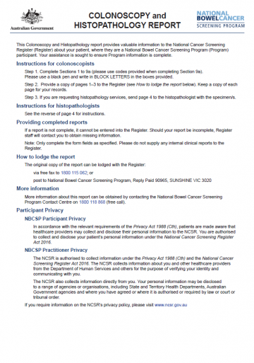 Cover image for National Bowel Cancer Screening Program colonoscopy and histopathology report form