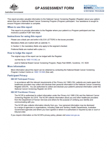 Cover image for National Bowel Cancer Screening Program HP assessment report form