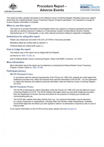 Cover image for National Bowel Cancer Screening Program adverse events report form
