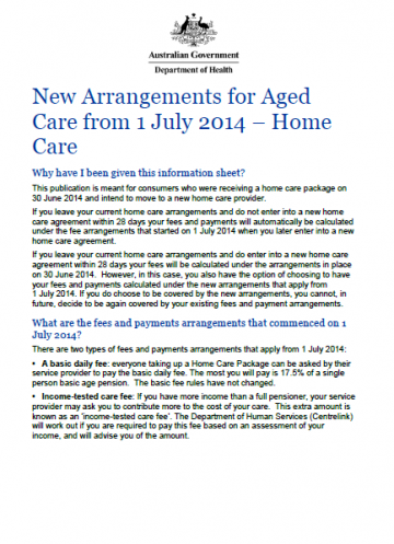 New arrangements for aged care from 1 July 2014 – home care cover