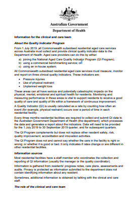 Quality indicators in residential aged care for clinical and care teams