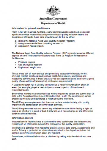 Quality indicators in residential aged care for GPs cover