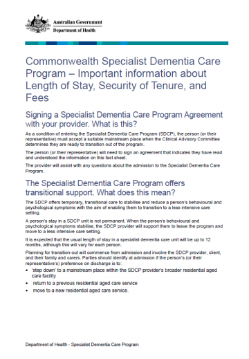 Specialist Dementia Care Program – length of stay, fees and security of tenure