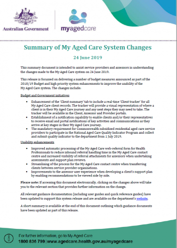 Cover image for Summary of My Aged Care system changes – June 2019.
