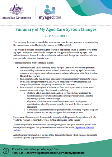 Cover image for Summary of My Aged Care system changes – March 2019.