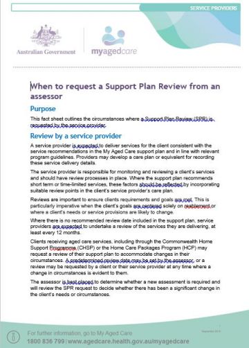 Cover image for When to request a Support Plan Review from an assessor fact sheet