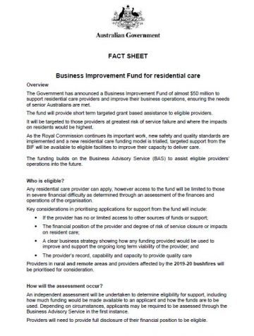 Cover image for Business Improvement Fund for residential care fact sheet