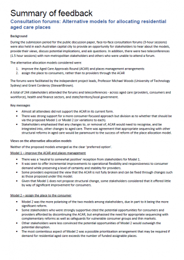 Cover image for Consultation Forums: Alternative Models for Allocating Residential Aged Care Places – Summary of Feedback