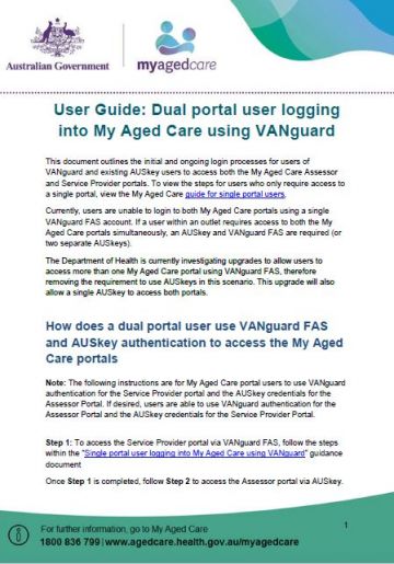 Cover image for My Aged Care – Dual portal user logging into My Aged Care using VANguard user guide