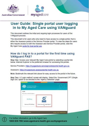 Cover image for Single portal user logging into My Aged Care using VANguard user guide